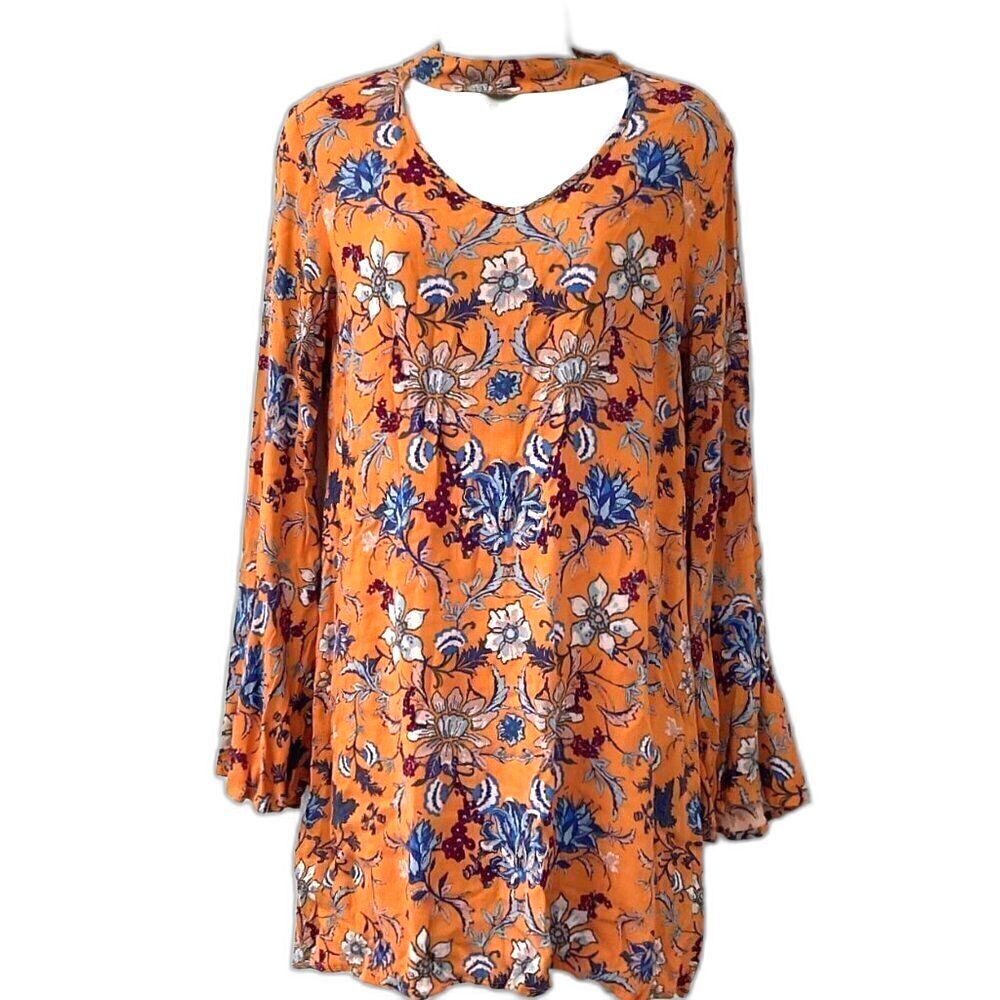 New Boho Floral Choker Neck Bell Sleeve Mini Shift Dress M